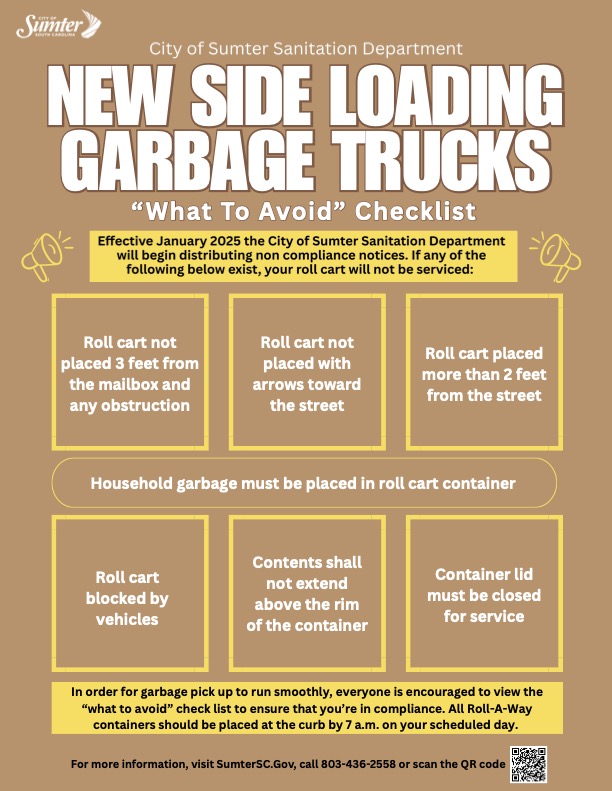 Chart describing what to avoid with new side loading garbage trucks