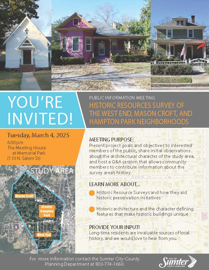 Flyer for Public Information Meeting: Historic Resources Survey of the West End, Mason Croft, and Hampton Park Neighborhoods